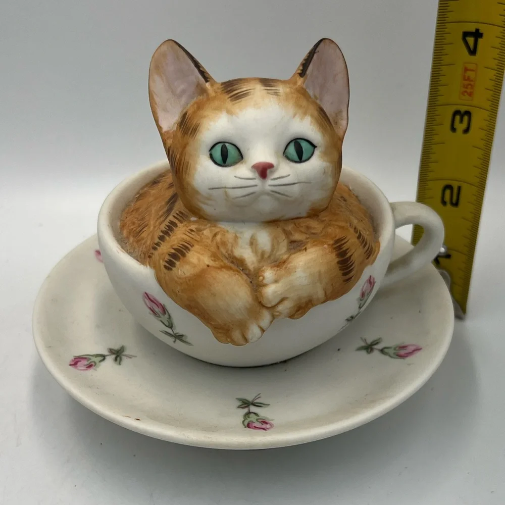 Charming Cat Teacup Figurine - Brown and White, Mann, Music Box - Music Works!